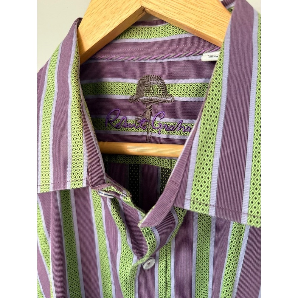 Robert Graham Charterhouse Mens Sz Large Green Purple Stripe Dress Shirt Classic